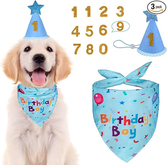 Dog Birthday Bandana Set, Dog Birthday Party Supplies, Puppy Boy Girl Birthday Party Hat with Numbers for X-Small, Small and Meidum Puppy (Blue)
