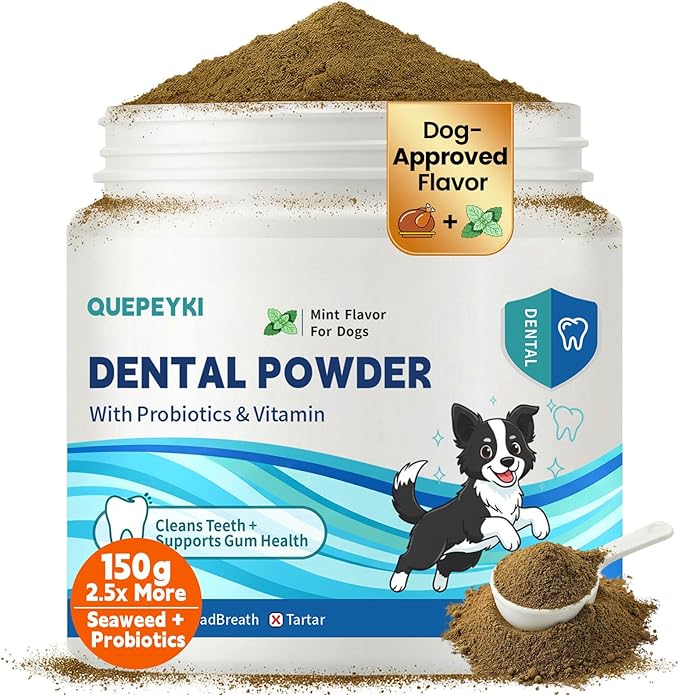 Dog Dental Powder & Breath Freshener - No-Brush Teeth Cleaning Food Topper for Plaque & Tartar Control - Oral Care: 1B CFU Probiotics, 1200mg Kelp per Scoop, SHMP - Chicken Liver, 150g
