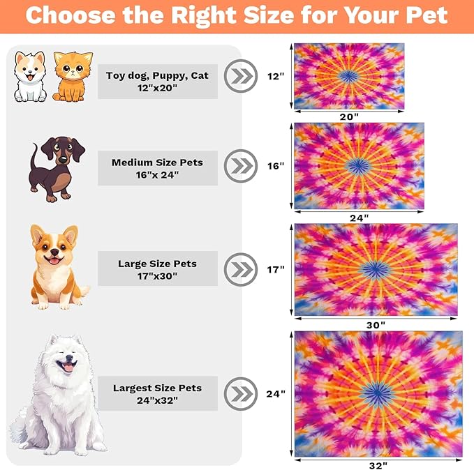 Tie Dye Dog Food Mat for Floors Absorbent, Quick Dry Water Dispenser Mat for Food, Water, Pet Supplies 12" x 20", Colorful Mandala