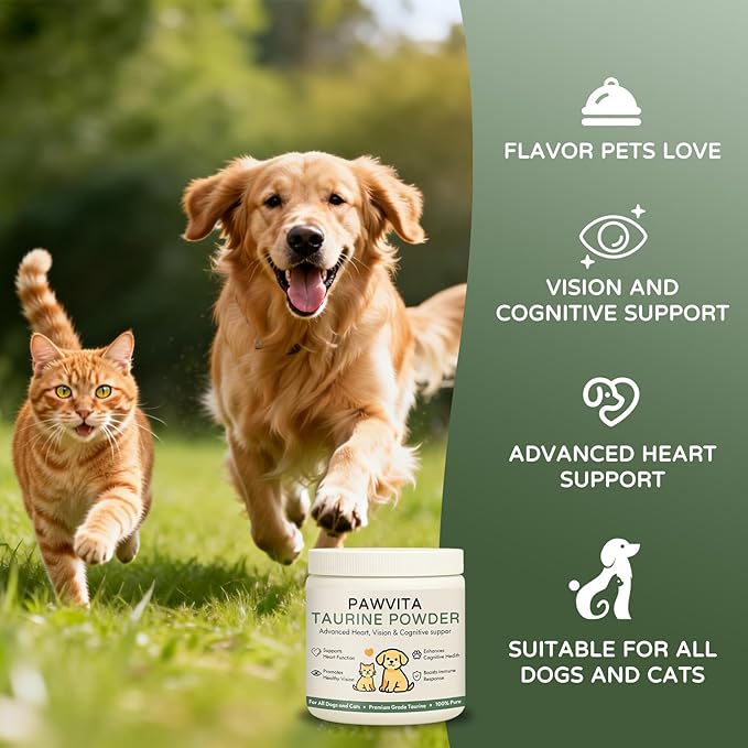 Pawvita Taurine Supplement – 99.9% Pure Taurine Powder for All Dogs and Cats，Advanced Heart, Vision & Cognitive suppor, Easy to Mix in Food200g(1)