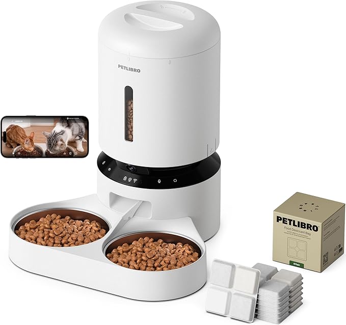Bundle of PETLIBRO Automatic Cat Feeder with Camera for 2 Cats (Dual Tray, White) and 6 Packs Pet Food Desiccant Bag