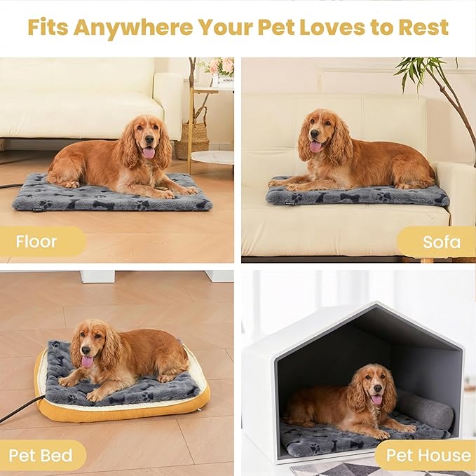 Pet Heating Pad for Cats Dogs Indoor & Sheltered Outdoor Waterproof Heated Cat Bed Heated Dog Bed Chew Resistant Cord Constant Temperature Gray Paw Print 26 x 20 Inch