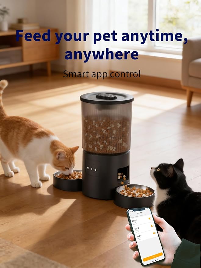 Automatic Cat Feeder, 2.4GHz WiFi Automatic Dog Food Dispenser, Fresh Protection, 4L Timer Feeder, Personalized Recording 10 Seconds, Easy to Clean, Stainless Steel Bowl (Double/Black)