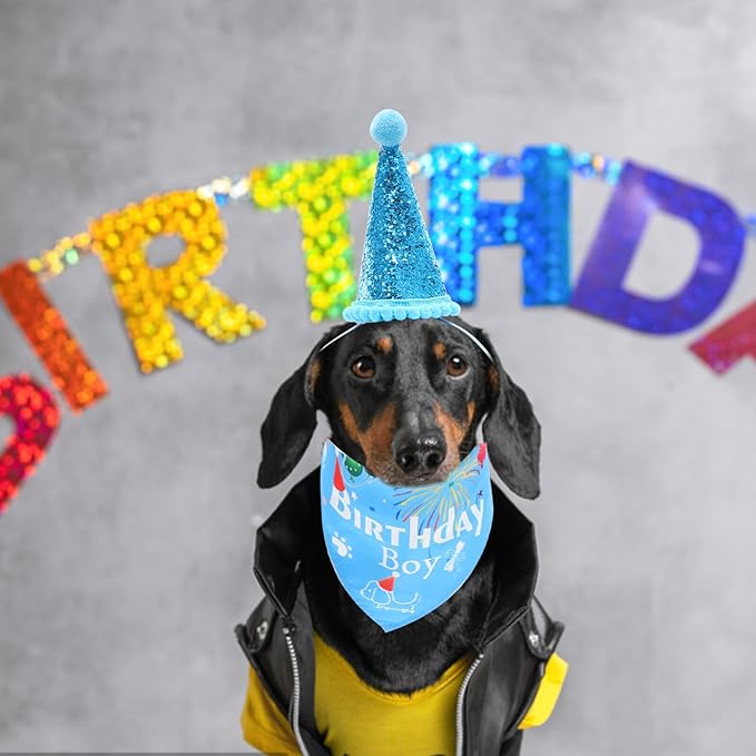 Unomor Dog Birthday Bandanas Party Hat Set 3pcs Blue Pet Birthday Accessories for Puppy Celebration for Pet Party Supplies