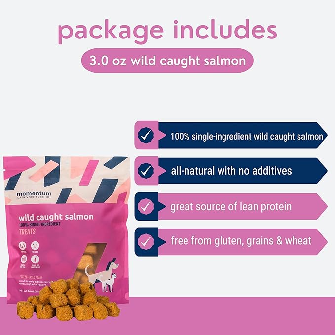 Momentum Carnivore Nutrition Freeze-Dried Wild-Caught Salmon Dog Treats & Cat Treats – Single-Ingredient, High-Protein, Grain-Free, Natural Source of Omega-3s – Made in USA – 3 oz Bag