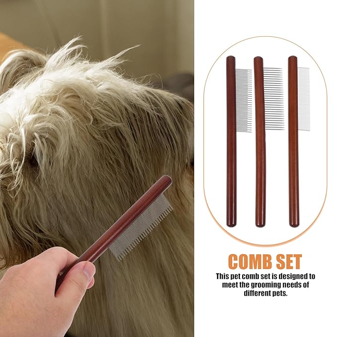 POPETPOP 3pcs Pet Grooming Comb Kit Wooden Dematting Comb with Rounded and Fine Teeth for Dog and Cat Hair Care, Portable Flea Removal Tool Suitable for Small Breeds and Kittens