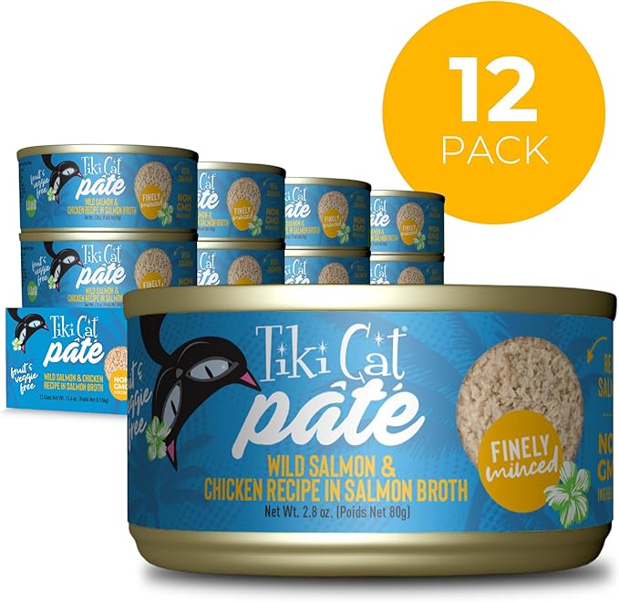 Tiki Cat Luau Pâté, Wild Salmon & Chicken Recipe in Salmon Broth, Grain-Free Balanced Nutrition Wet Canned Cat Food, for All Life Stages, 2.8 oz. Cans (Pack of 12)