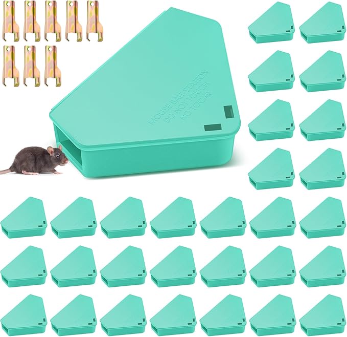 Qualirey Mice Station with Key Triangle Mouse Station Reusable Rodent Trap Box, Keeps Children and Pets Safe Indoor & Outdoor Suitable for Small Mice(Blue,36 Pcs)