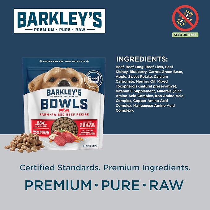 Barkley’s Bowls, Frozen Raw Beef Dog Food, Fresh Whole Food Ingredients with Farm-Raised Beef, Grain Free, High Protein, Dog Food Toppers, Frozen Meals, Human Grade Ingredients, 4 lb (3 Pack)