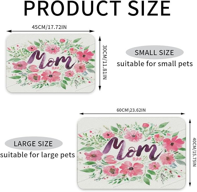 Dog Food Mat Watercolor Happy Mother's Day Floral Gift for Mom Li Absorbent Water Bowl Mats Cat Pet Feeding Placemats 18X12In