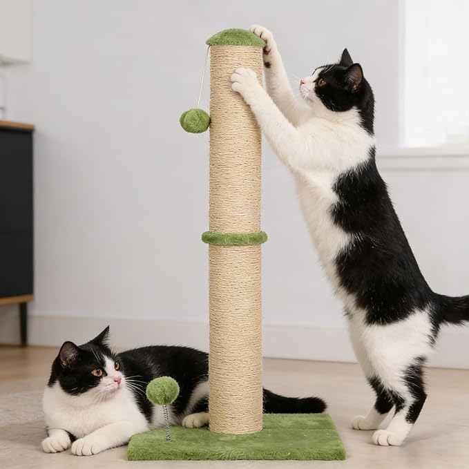 33" Tall Cat Scratching Post, 3-in-1 Durable Sisal Vertical Cat Scratcher Post with Hanging Ball, Soft Fabric Stable Base Cat Scratch Pole for Indoor Cats and Adult, Green