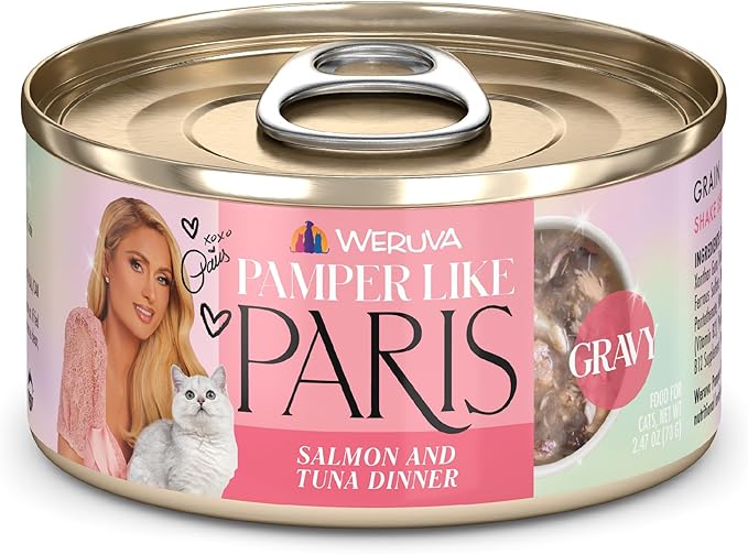 Weruva Paris Hilton Pamper Like Paris Natural Grain Free Wet Cat Food, Salmon and Tuna in Gravy, 2.47oz Can (Pack of 12)