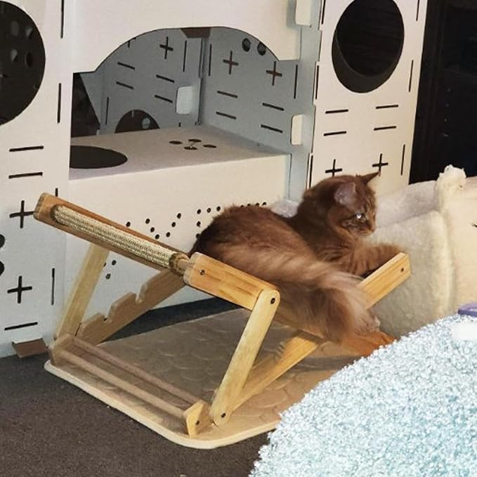 Sisal Cat Chair for Sunbathing,Adjustable Wooden Cat Lounge Chair with Sisal Mat Scratcher 3 Height Beach Kitty Hammock Bed Indoor Outdoor Lounging Scratching Furniture for Kitten Puppy Bunny