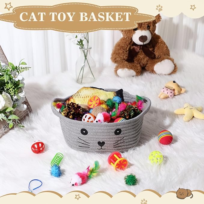 Zopeal 58 Pcs Easter Cat Storage Basket Gift Toys Set, Colorful Flashing Balls Pet Bell Crinkle Balls Spring Toys Attract Cat to Swat, Hunt, Interactive for Pet(Grey,9.8 Inch)