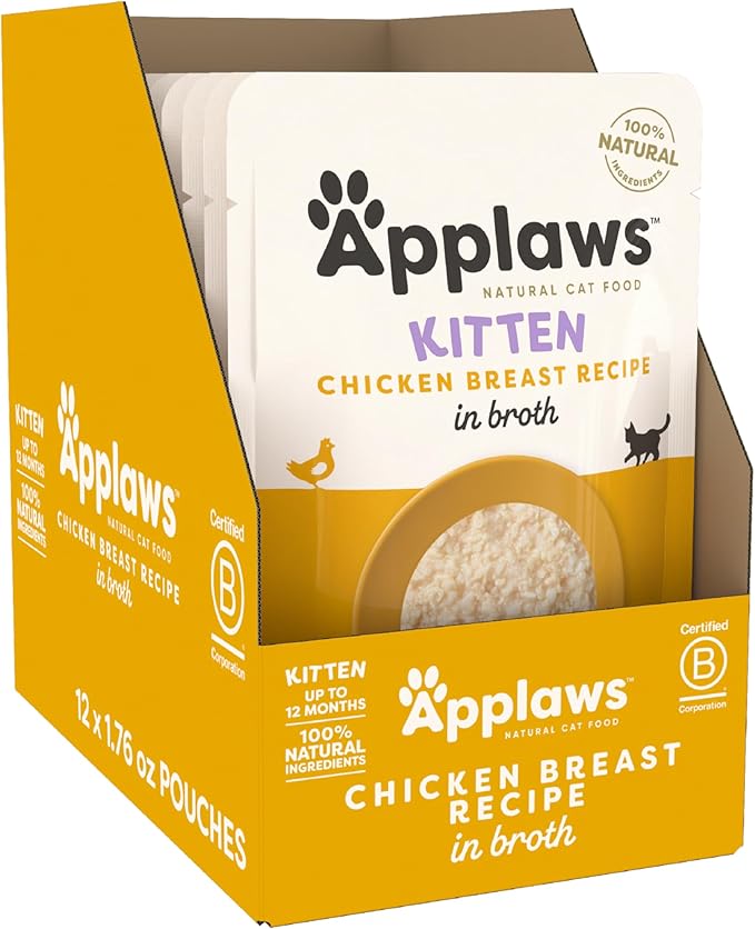 Applaws Natural Wet Kitten Food in Broth, Made with Limited and Natural Ingredients, No Artificial Additives, High Protein, Chicken Breast in Broth (12 x 1.76oz Pouches)