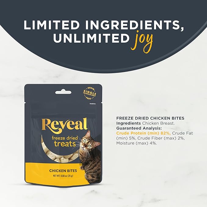 Reveal Natural Freeze-Dried Cat Treats, Single Ingredient, Grain Free, High Protein, Perfect for Training, Treating or Snacking, Chicken Breast Bites (8 x 0.88 oz Bags)
