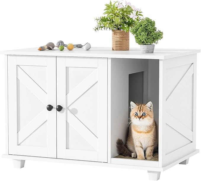 Giluta Cat Litter Box Enclosure,Hidden Litter Box Furniture Cabinet with Scratching Pad,Wooden Pet House Side End Table for Living Room Washroom,31.5 x 20.5 x 21.6 Inches (White)