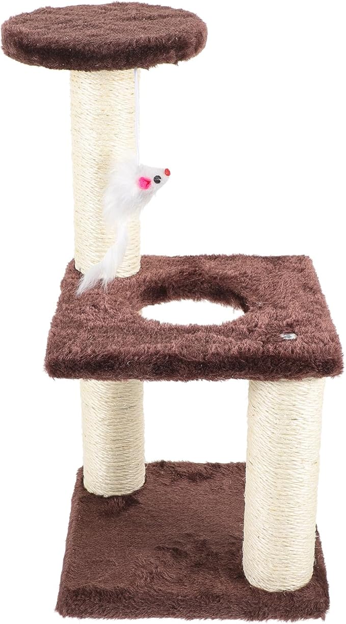 HEMOTON Large 3-Layer Sisal Cat Scratching Post with Mouse Multi-Level Cat Activity Tree for Indoor Use Sturdy Coffee-Colored Furniture for Kittens and Adult