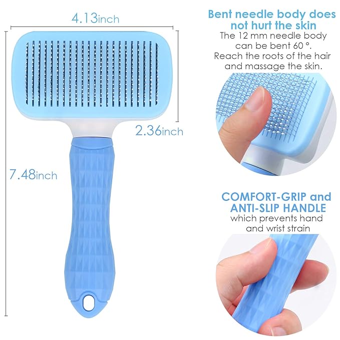 TIMINGILA Self Cleaning Slicker Brush for Dogs and Cats,Pet Grooming Tool,Removes Undercoat,Shedding Mats and Tangled Hair,Dander,Dirt, Massages particle,Improves Circulation (Blue)