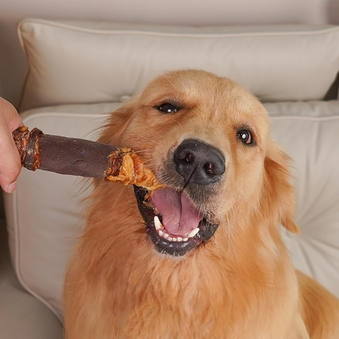 MON2SUN Dog Treats Triple Flavor 9 Inch Chicken Liver Duck and Chicken Wrapped Rawhide Rolls, Teeth Cleaning and Long Lasting Chews for Medium and Large Dogs, 11.1 oz(2 Count)
