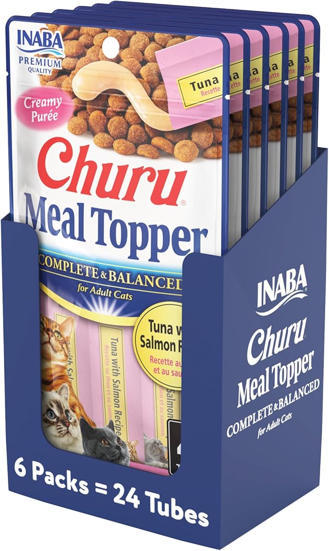 INABA Churu Meal Topper for Cats, Complete & Balanced, Creamy, Lickable Purée Cat Food Topper, 0.5 Ounce Tube, 24 Tubes (4 per Pack), Tuna with Salmon Recipe