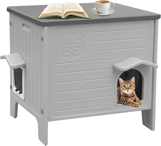 Rockever Insulated Outdoor Cat House, Waterproof Cat House for Outdoor Cats with Escape Door, Plastic Feral Cat House Outdoor Indoor, Spacious and Clean Easily (Grey,L)