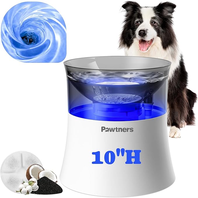 Pawtners Dog Water Fountain, 1 Gallon Automatic No Spill Pet Water Bowl Dispenser for Small Medium Large Dogs with Vortex Filter, Deep Drinking Area and Quiet Pump