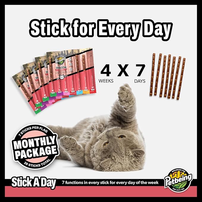 Stick a Day Cats | Specially Formulated 7-in-1 Functions Daily Real Meat Supplement for Cats | Cat Chew Stick & Pet Vitamins Supplements Combination (7-Pack x 4, Salmon)