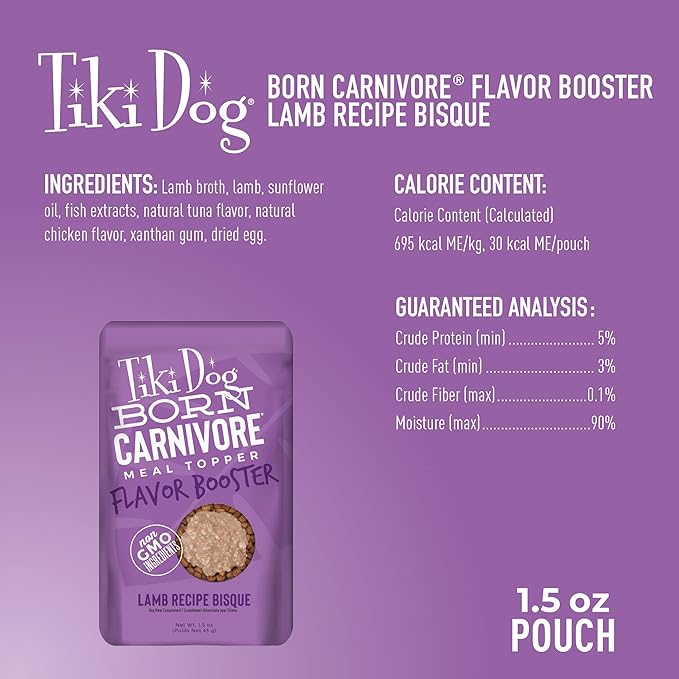 Tiki Dog Born Carnivore Flavor Booster, Lamb Recipe Bisque, Grain Free Meat Based Treat, Meal Topper for All Dog Breeds and All Life Stages, 1.5 oz. 12 Count