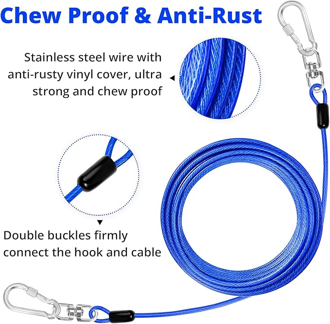 jenico Dog Tie Out Cable: 20 ft Dog Lead for Yard - Heavy Duty Chain Leash Outside for Small Large Dogs Up to 500 lbs - Outdoor Dog Runner Tether