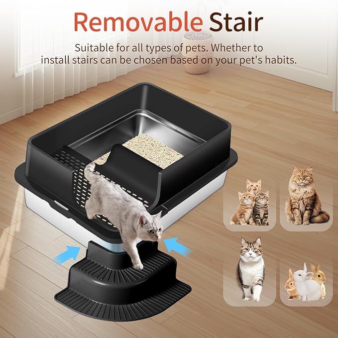 XXXL Stainless Steel Litter Box, 28"x20"x12" Extra Large Semi Enclosed High Sided Metal Cat Litter Box with Filtered Grid, Step, Scoop, Non-Sticky, Non-Odor, Easy Cleaning (Black)