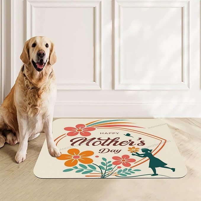 Pet Feeding Mat Happy Mother's Day Floral Gift Mom Da Dog Food Mat for Food Water No Stains Quick Dry Dispenser Cat Bowl Mats for Messy Drinkers 18X12In