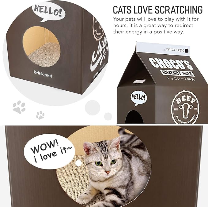 Cardboard Cat House with Scratch Pad, Corrugated Kitten Hideaway Cave, Cute Cats Condos Box, Milk Box Shape Cat Scratching House Bed, Black