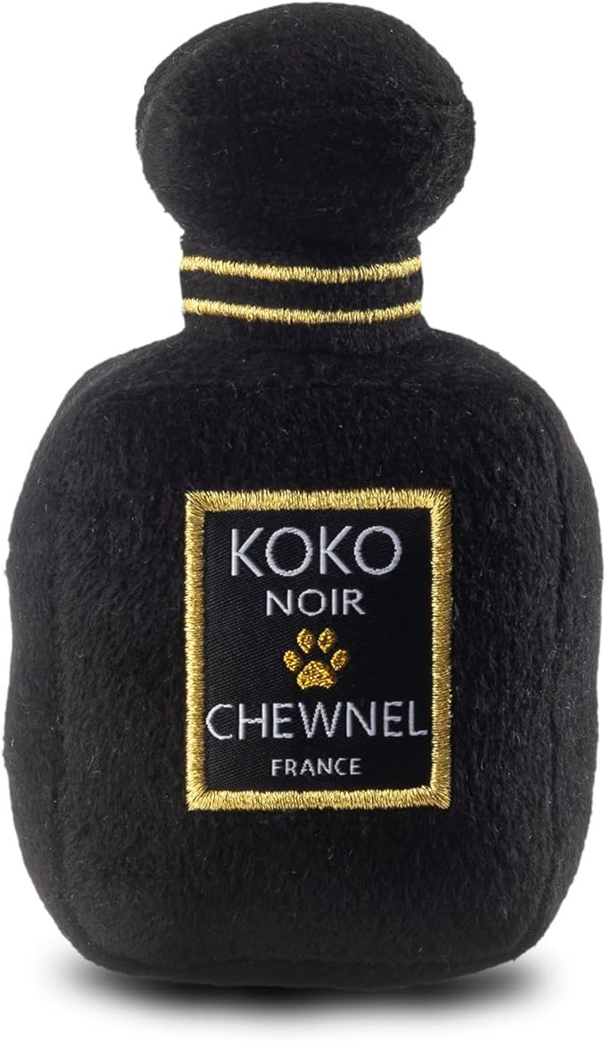 Dog Diggin Designs Chewnel Noir Pawfum Plush Dog Toy Bottle | Luxury-Inspired Parody Designer Perfume Bottle with Squeaker, Soft Plush Fashion Dog Toy – Prêt-à-Porter Play!