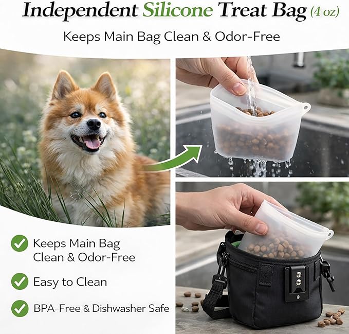 Dog Training Treat Pouch Set, Silicone Treat Pouch for Dogs and Clicker, Hands-Free Waist and Shoulder Dog Treat Bag with Poop Bag Dispenser (Black)