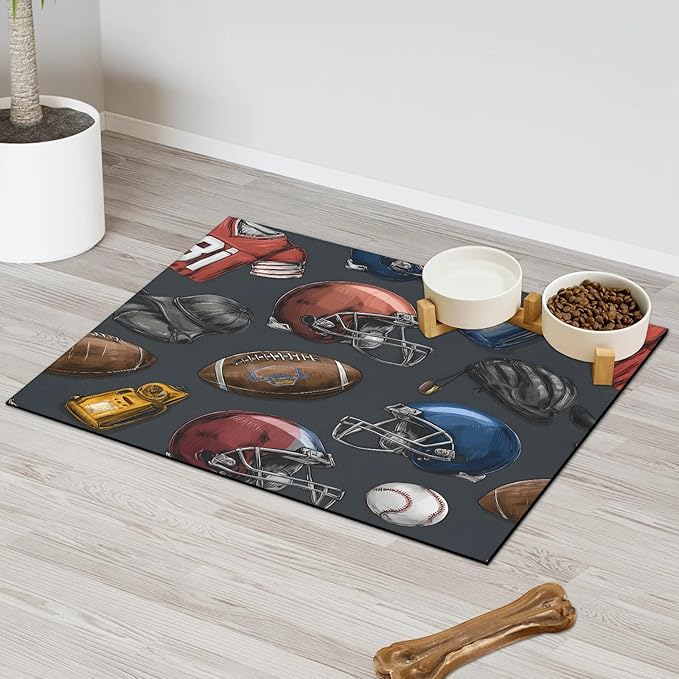 Football Baseball Dog Food Mat for Floors Absorbent, Quick Dry Water Dispenser Mat for Food, Water, Pet Supplies 12" x 20", Sports Theme