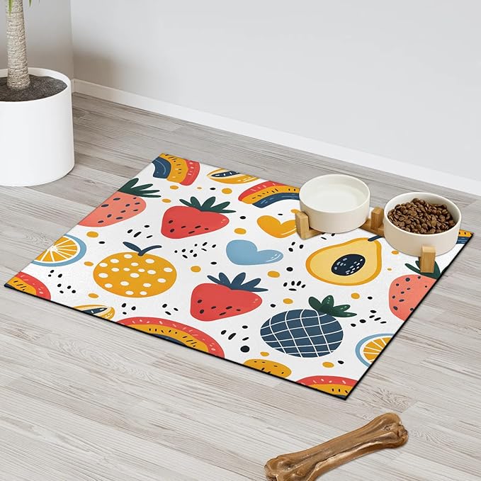 Boho Strawberry Dog Food Mat for Floors Absorbent Dog Bowl Mat for Food and Water Dispenser Quick Dry Cat Food Placemat Pet Supplies 12" x 20", Colorful Rainbow