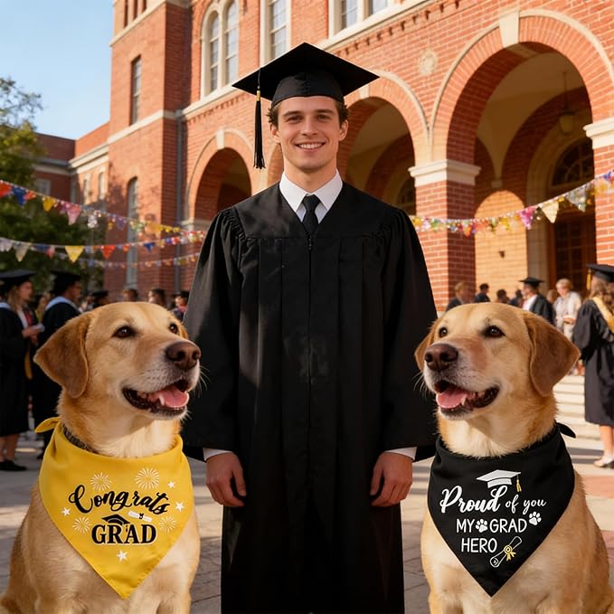 2 Pack Cozy Graduation Dog Bandanas Triangle Double-Layer with Double-Sided Print Dog Scarf Washable Pet Bandana for Small Medium Large Dogs Bandana for Dogs Graduation Outfit Decor Supplies