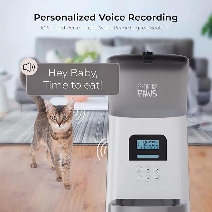Penthouse Paws Automatic Cat Feeder 6L, Programmable Dry Food Dispenser with LCD Screen, Stainless Steel Bowl, Anti-Jam Design, Voice Recording, Battery Backup, Up to 15 Meals for Cat & Dog, White