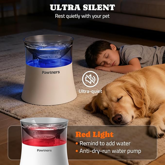 Pawtners Dog Water Fountain, 1 Gallon Automatic No Spill Pet Water Bowl Dispenser for Small Medium Large Dogs with Vortex Filter, Deep Drinking Area and Quiet Pump