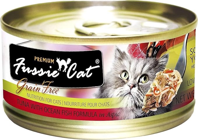 Fussie Cat Premium Canned Grain Free Cat Wet Food - Variety 4 Flavors Pack Food Bowl (12 Cans) (Tuna & Ocean Fish- Salmon - Shrimp - Chicken) (2.82 Oz)