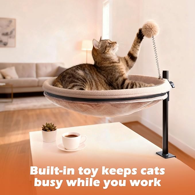 Cat Desk Bed Rotating & Adjustable– 360° Swivel Cat Hammock with Removable Washable Cover, Sturdy Desktop Perch Holds Up to 60lbs, Perfect for Indoor Cats(Khaki)