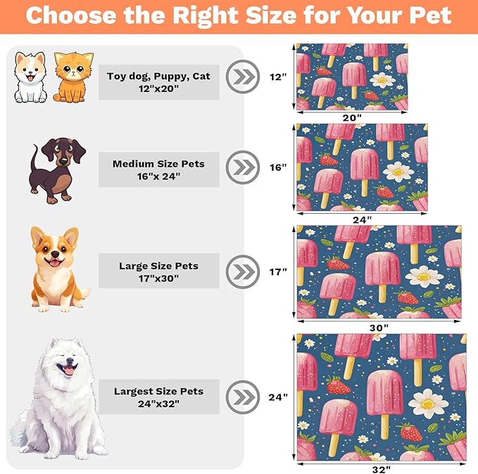 Pink Popsicle Dog Food Mat for Floors Absorbent Dog Bowl Mat for Food and Water Dispenser Quick Dry Cat Food Placemat Pet Supplies 12" x 20", Strawberry Flower