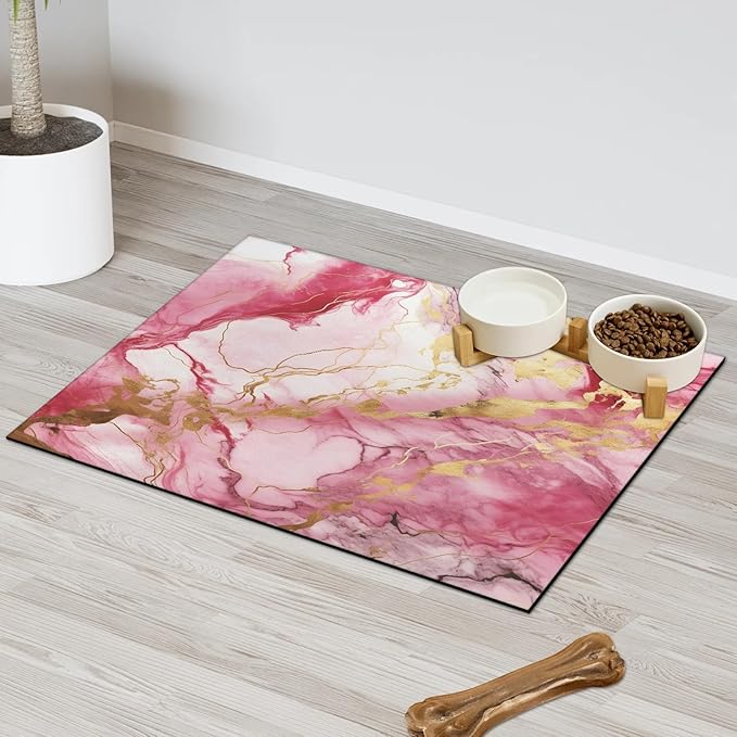 Marble Dog Food Mat for Floors Absorbent, Quick Dry Water Dispenser Mat for Food, Water, Pet Supplies 17" x 30", Pink Gold