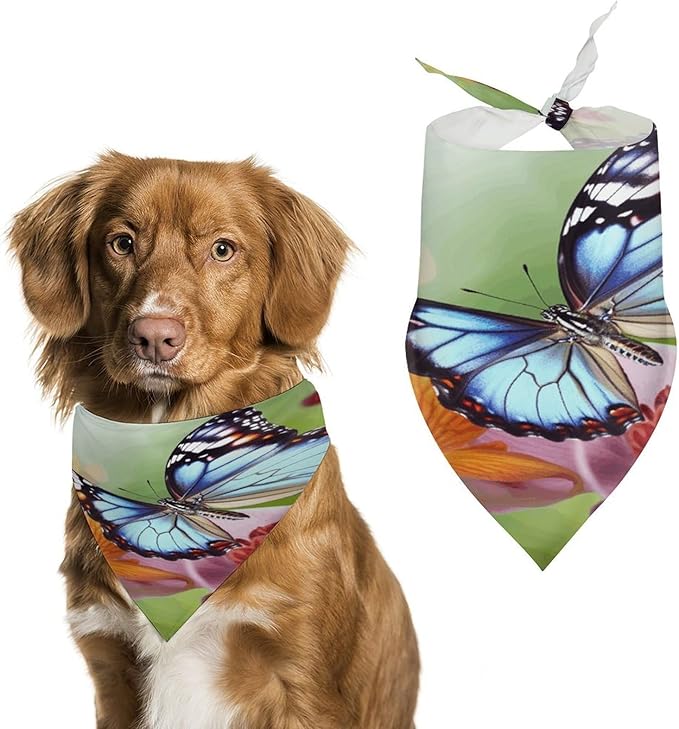 Dog Bandana Spring Pet Scarf Adjustable Triangle Flower Butterfly Printing Dog Bib Washable Polyester Puppy Bandana for Small Medium Large Dogs Cat Birthday Party Supplies