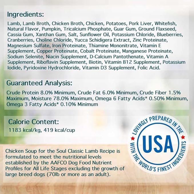 Chicken Soup for the Soul All Natural Premium Adult Wet Dog Food, Real Meat First Ingredient, No By-Products, Artificial Colors, Flavors or Preservatives, Lamb Pate, 13oz (Pack of 12)