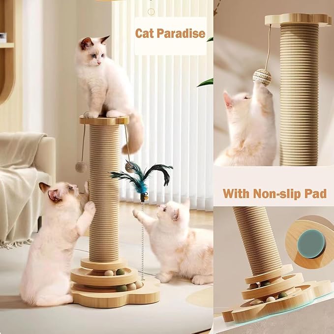 Cat Scratching Post, Interactive Feather Toy and 2 Sisal Hanging Balls for Indoor Kittens, Adult Cats- 18'' Height, 11'' Base, Natural Sisal Fiber & Sturdy Design.