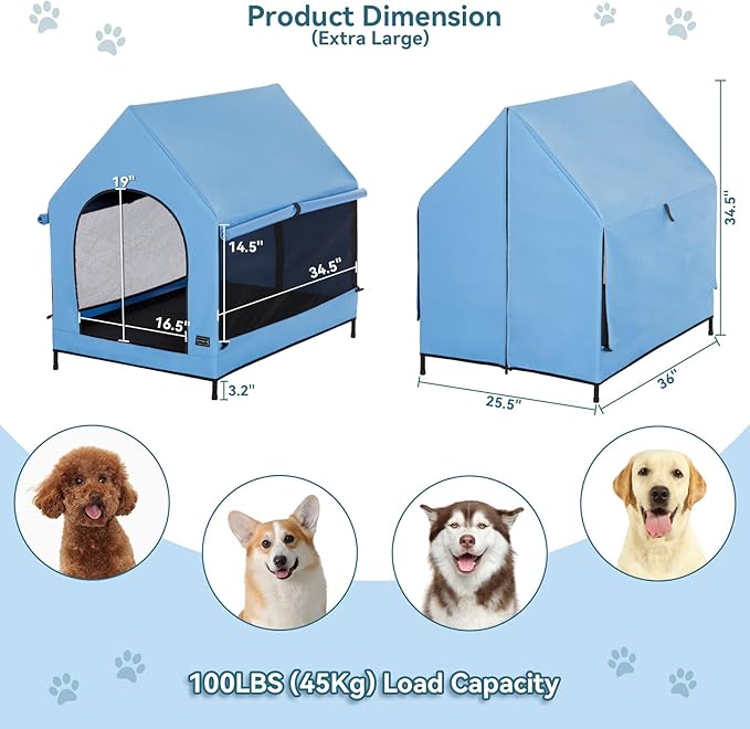 PETSFIT Dog House Outdoor, Upgraded Dog Shelter with Weatherproof PVC Canopy, Breathable Mesh Windows and Sunshades, Elevated Dog Bed with Protable Carring Case (Blue)