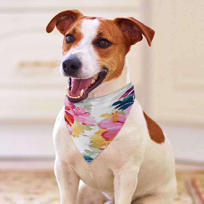 Dog Bandana Spring Pet Scarf Adjustable Triangle Hawaiian Flower Print Printing Dog Bib Washable Polyester Puppy Bandana for Small Medium Large Dogs Cat Birthday Party Supplies