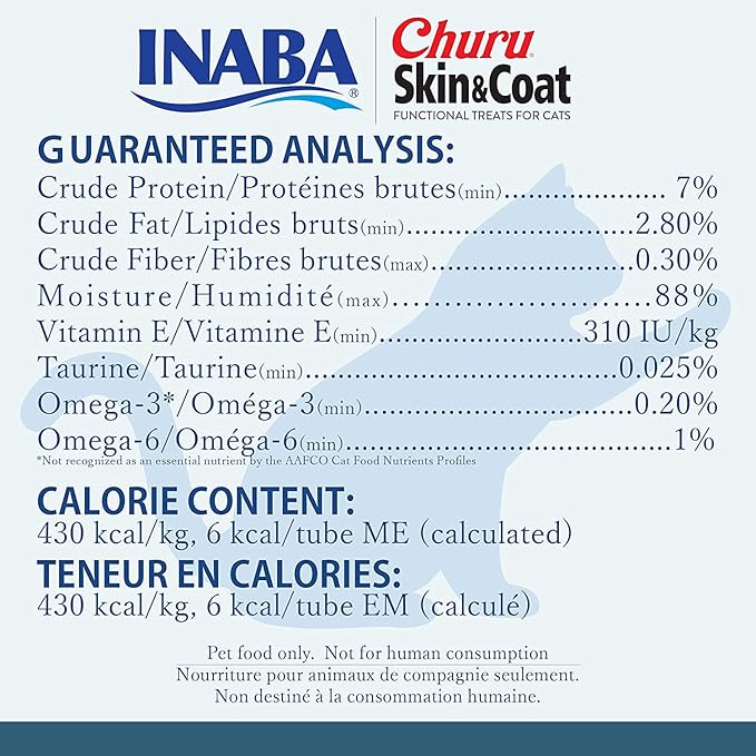 INABA Churu for Skin and Coat Lickable Purée Natural Cat Treats with Omega Oils, Taurine and Green Tea, 0.5 Ounces Each - 2 Flavor Variety Pack (24 Tubes)